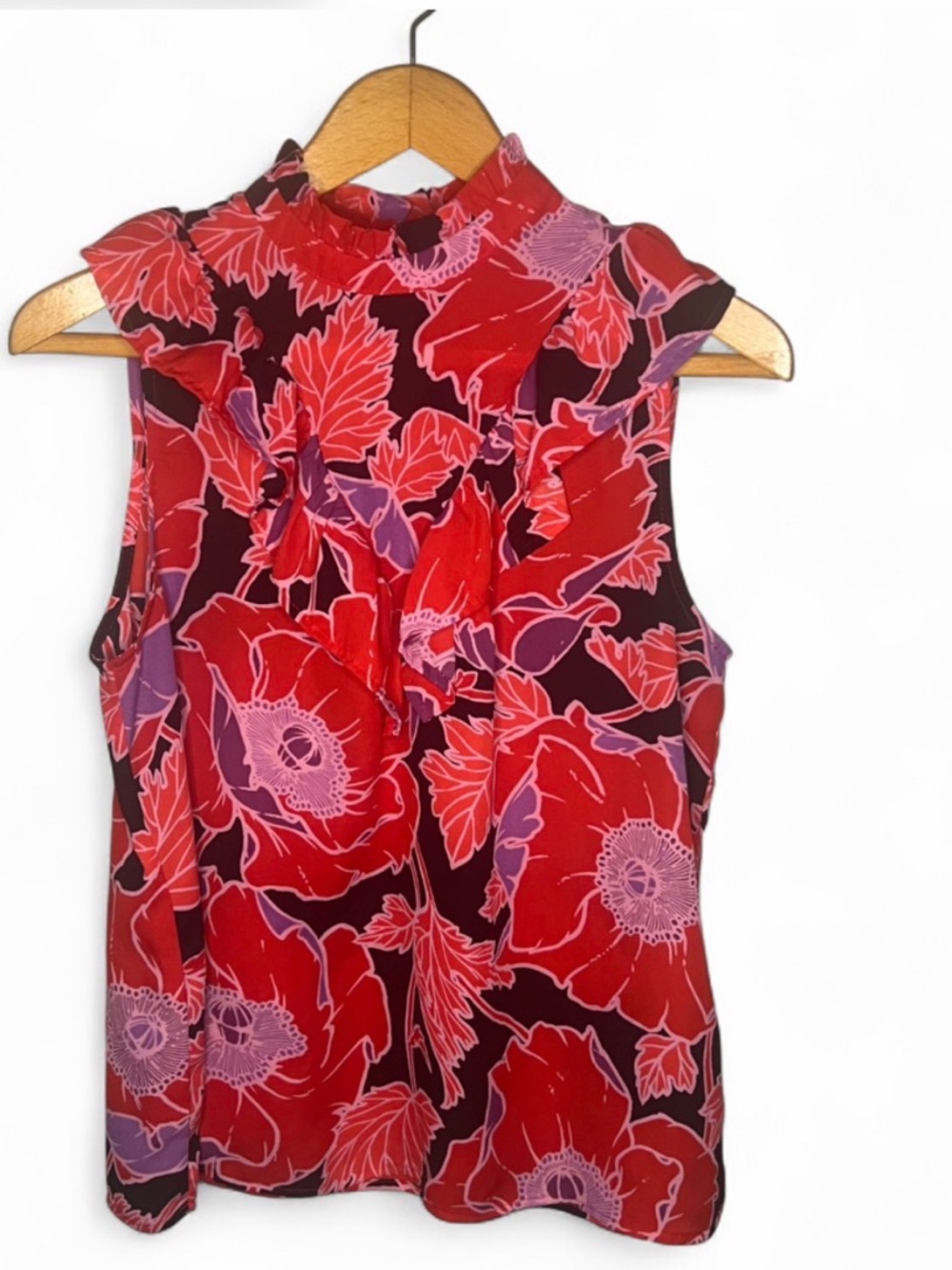 Who What Wear Floral Ruffle Blouse Medium Red Pink Sheer Top